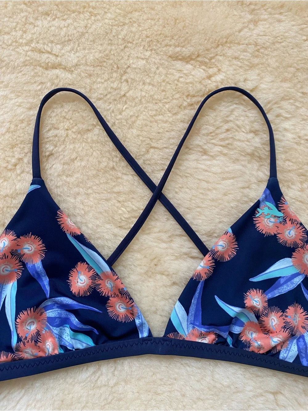 Patagonia Nanogrip Triangle Bikini Top Floral Navy with Coral Accents Tie Back